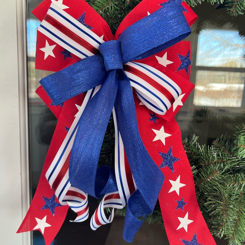 Patriotic Red White and Blue Holiday Bow for Wreath or Lantern 4th of July Decor